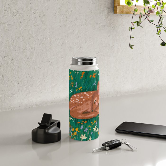 Sleeping Deer in Wildflower Meadow Whimsical Nature Illustration Water Bottle Gallery Image 4