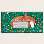 Sleeping Deer in Wildflower Meadow Whimsical Nature Illustration Desk Mat Gallery Image 1