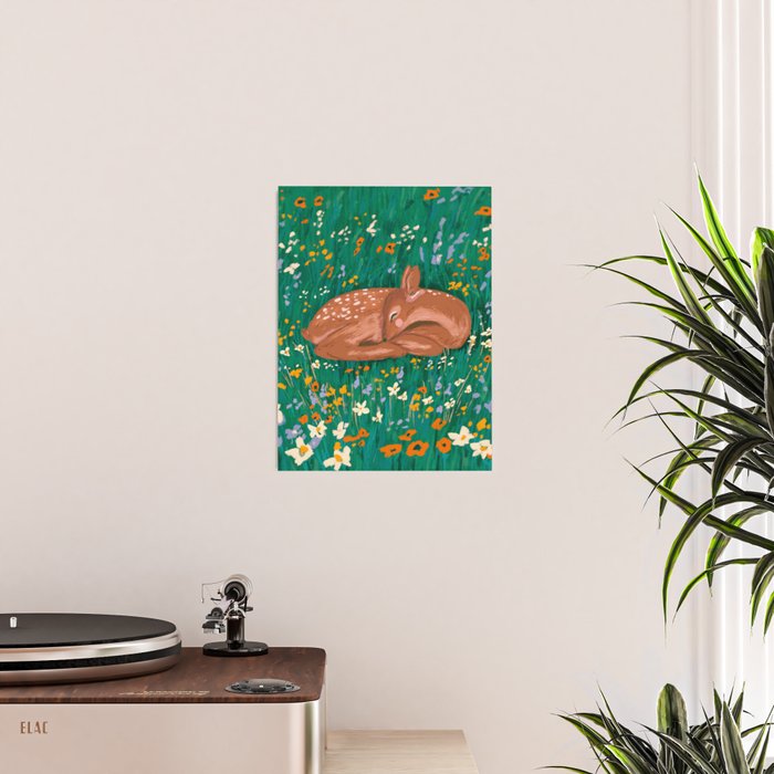 Sleeping Deer in Wildflower Meadow Whimsical Nature Illustration Poster Gallery Image 2
