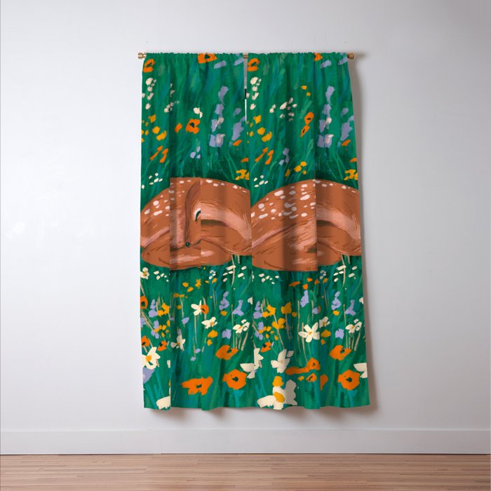 Sleeping Deer in Wildflower Meadow Whimsical Nature Illustration Window Curtain Gallery Image 3