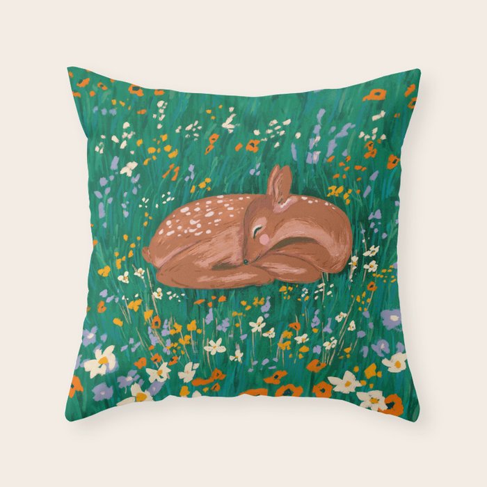 Sleeping Deer in Wildflower Meadow Whimsical Nature Illustration Throw Pillow Gallery Image 6