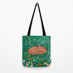 Sleeping Deer in Wildflower Meadow Whimsical Nature Illustration Tote Bag Gallery Image 2