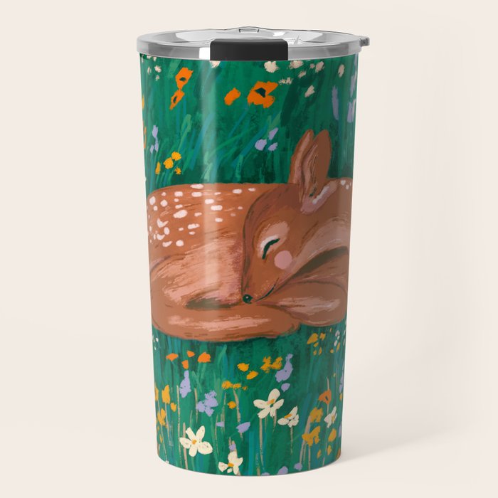 Sleeping Deer in Wildflower Meadow Whimsical Nature Illustration Travel Mug Gallery Image 1
