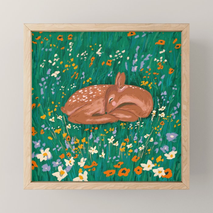 Sleeping Deer in Wildflower Meadow Whimsical Nature Illustration Mini Art Print Gallery Image 1
