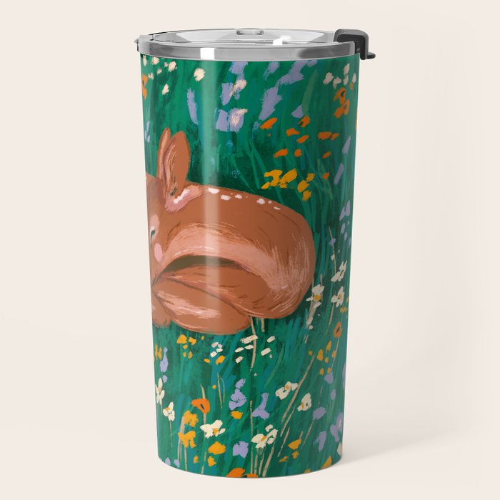 Sleeping Deer in Wildflower Meadow Whimsical Nature Illustration Travel Mug Gallery Image 2