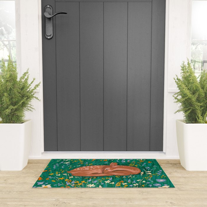 Sleeping Deer in Wildflower Meadow Whimsical Nature Illustration Welcome Mat Gallery Image 3
