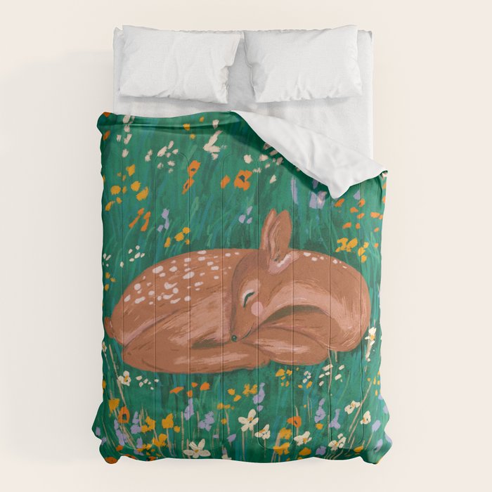 Sleeping Deer in Wildflower Meadow Whimsical Nature Illustration Comforter Gallery Image 1