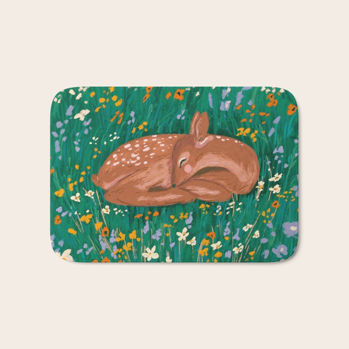 Sleeping Deer in Wildflower Meadow Whimsical Nature Illustration Bath Mat Gallery Image 1