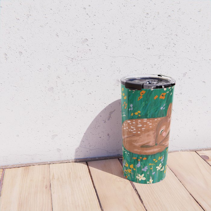 Sleeping Deer in Wildflower Meadow Whimsical Nature Illustration Travel Mug Gallery Image 4