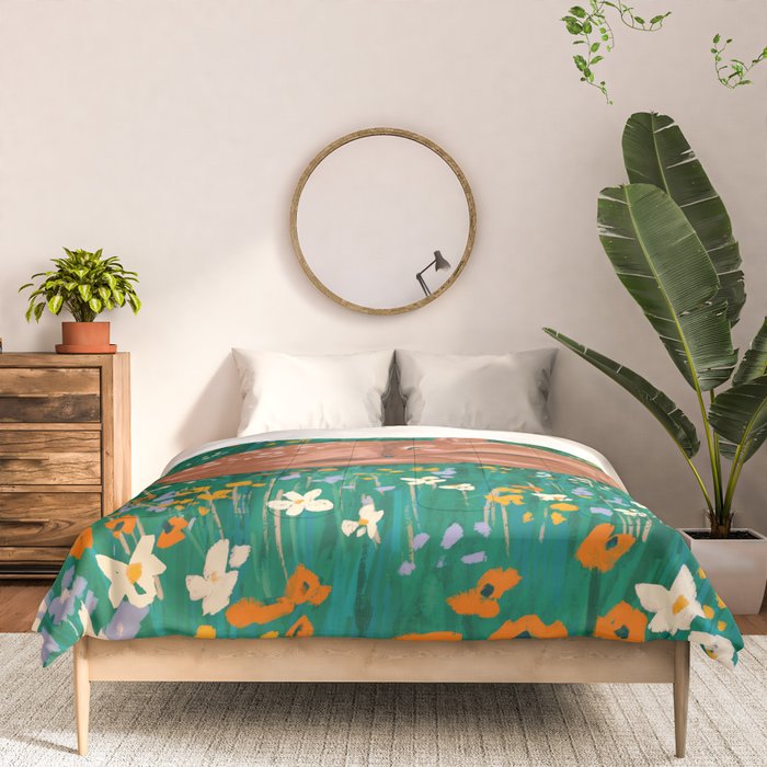 Sleeping Deer in Wildflower Meadow Whimsical Nature Illustration Comforter Gallery Image 3