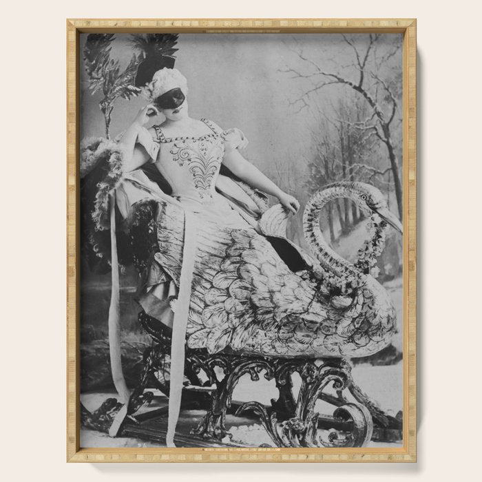 Eyes wide open, Lillian Russell, 1895 seated masquerade ball portrait black and white photograph Serving Tray Gallery Image 1