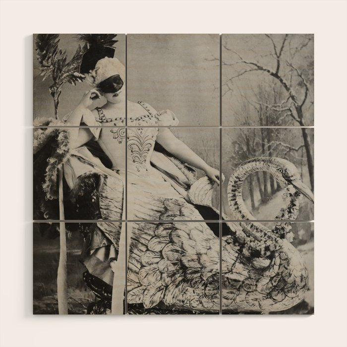Eyes wide open, Lillian Russell, 1895 seated masquerade ball portrait black and white photograph Wood Wall Art Gallery Image 1
