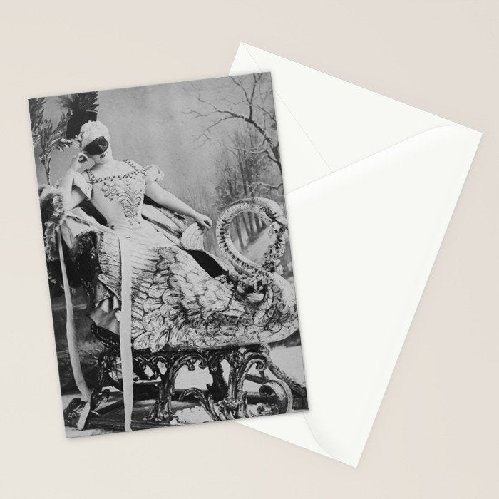 Eyes wide open, Lillian Russell, 1895 seated masquerade ball portrait black and white photograph Stationery Card Gallery Image 2