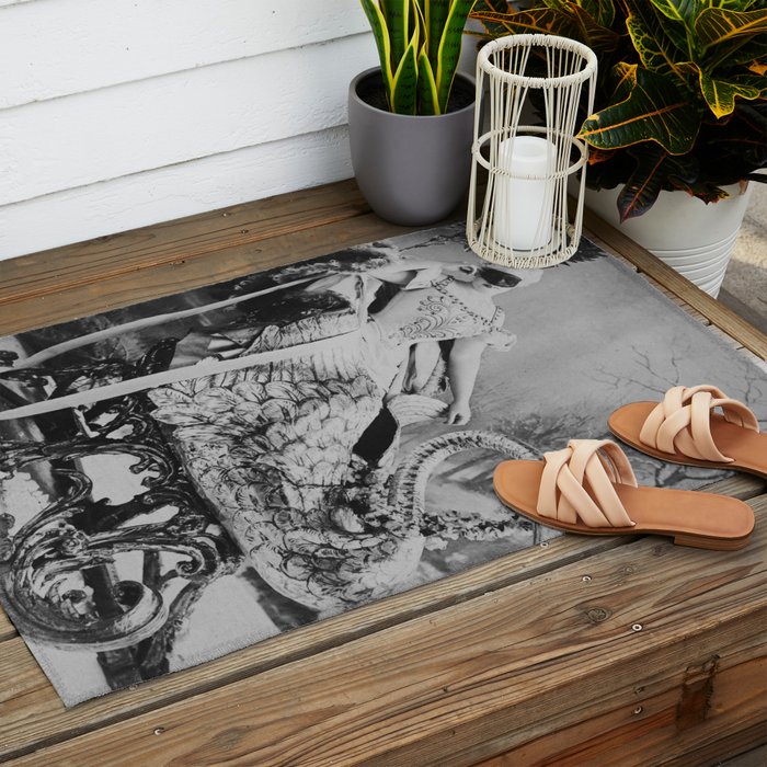 Eyes wide open, Lillian Russell, 1895 seated masquerade ball portrait black and white photograph Outdoor Rug Gallery Image 2