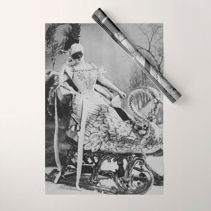 Eyes wide open, Lillian Russell, 1895 seated masquerade ball portrait black and white photograph Wrapping Paper Gallery Image 1