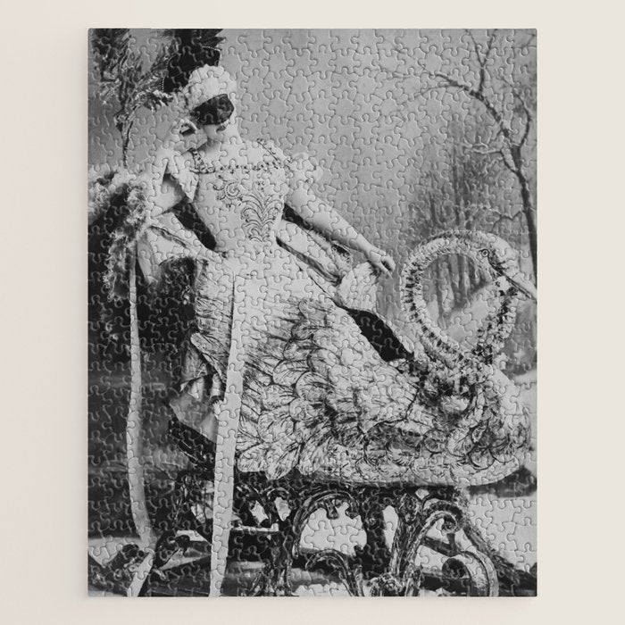 Eyes wide open, Lillian Russell, 1895 seated masquerade ball portrait black and white photograph Jigsaw Puzzle Gallery Image 1