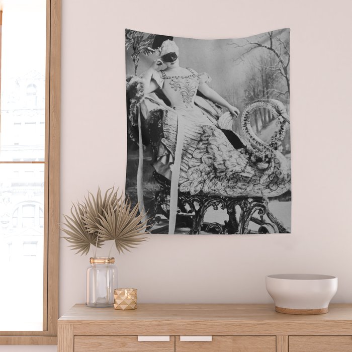 Eyes wide open, Lillian Russell, 1895 seated masquerade ball portrait black and white photograph Wall Tapestry Gallery Image 2
