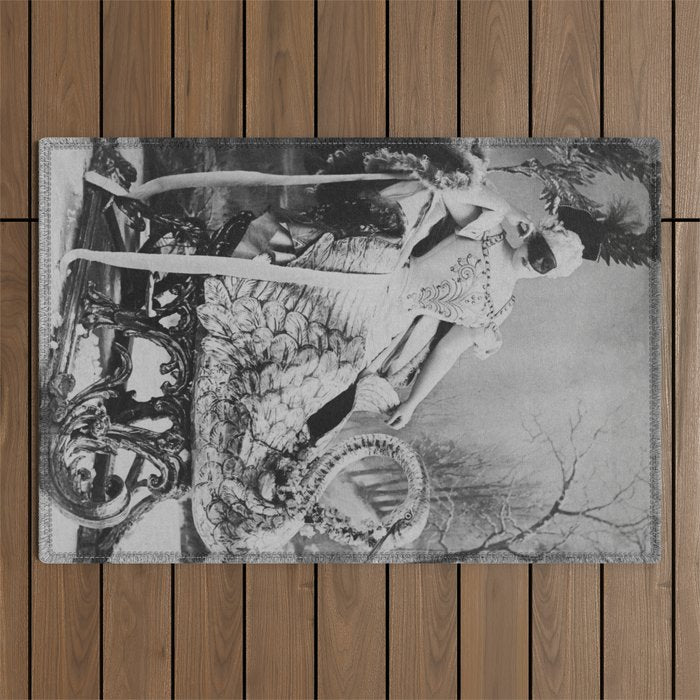 Eyes wide open, Lillian Russell, 1895 seated masquerade ball portrait black and white photograph Outdoor Rug Gallery Image 1