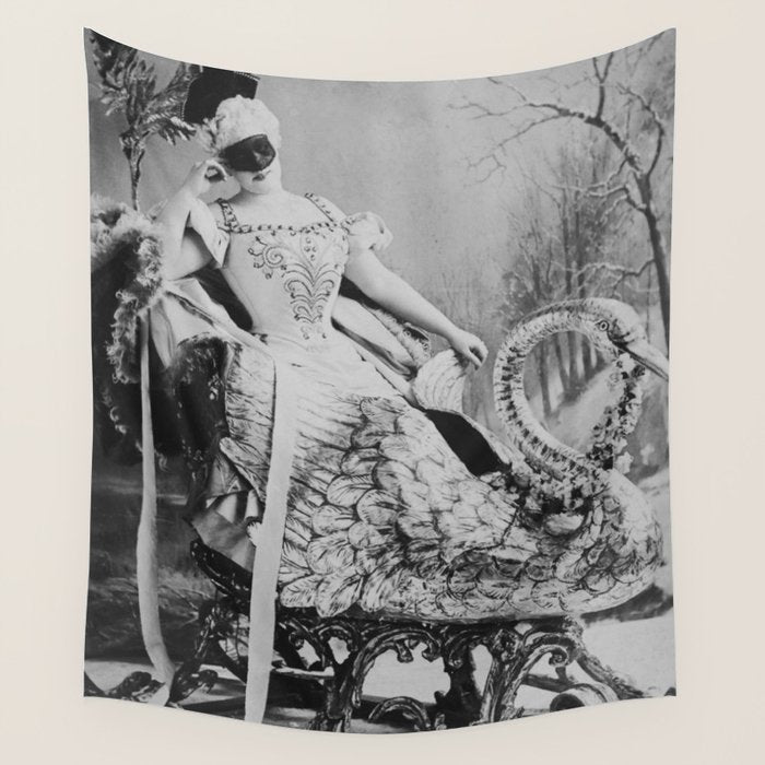 Eyes wide open, Lillian Russell, 1895 seated masquerade ball portrait black and white photograph Wall Tapestry Gallery Image 1