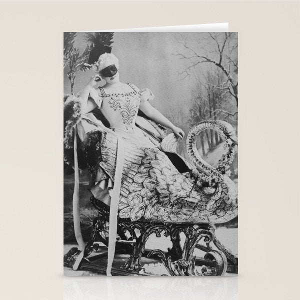Eyes wide open, Lillian Russell, 1895 seated masquerade ball portrait black and white photograph Stationery Card Gallery Image 1
