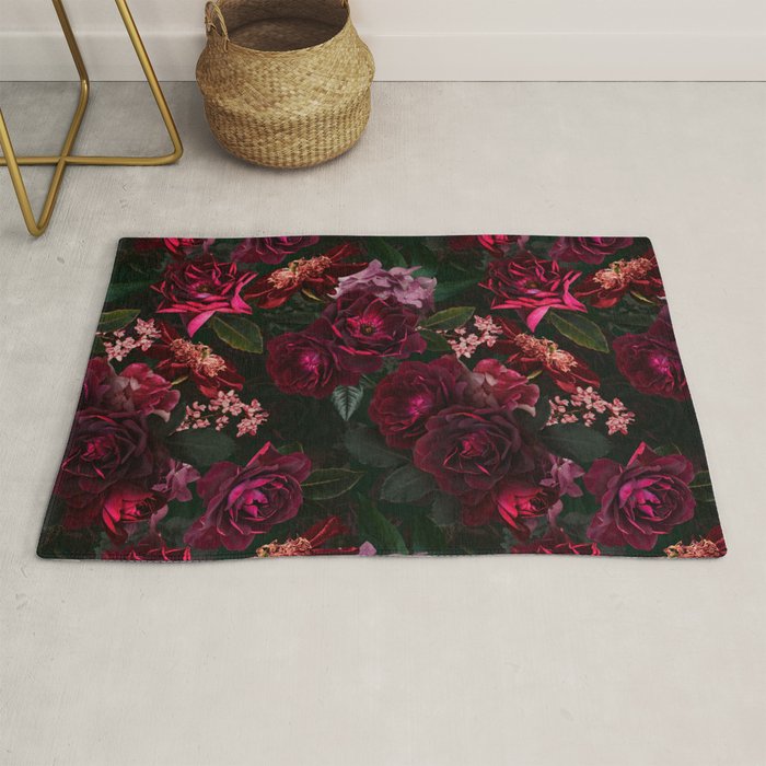 Vintage & Shabby Chic - Night Botanical Flower Roses Garden Rug Gallery Image 1