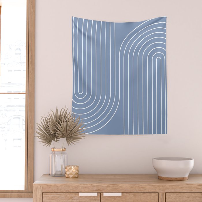Minimal Line Curvature XIII Natural Blue Mid Century Modern Arch Abstract Wall Tapestry Gallery Image 2