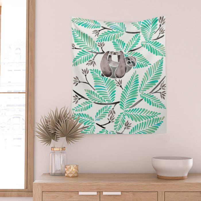 Happy Sloth - Tropical Mint Rainforest Wall Tapestry Gallery Image 2