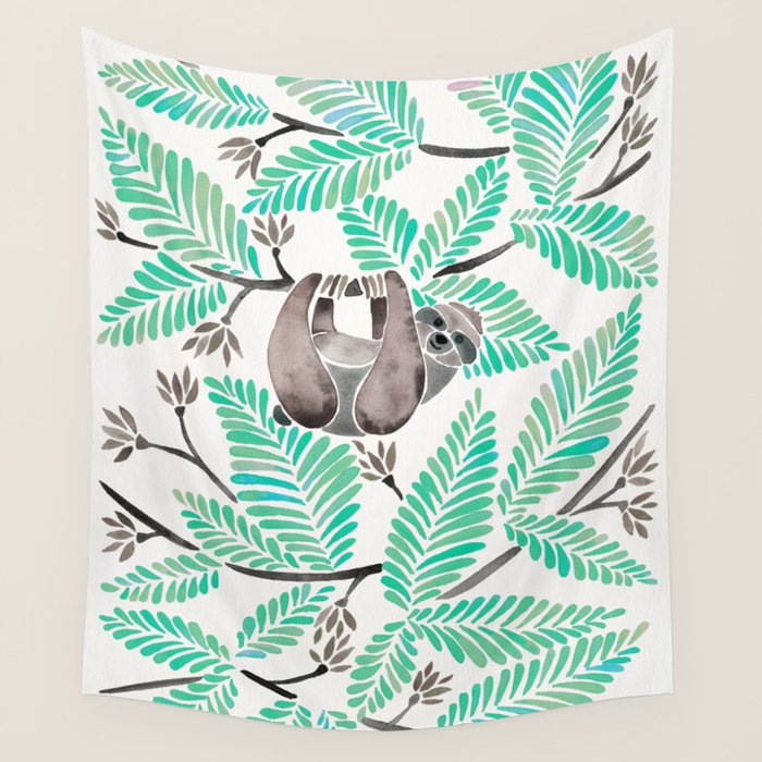 Happy Sloth - Tropical Mint Rainforest Wall Tapestry Gallery Image 4