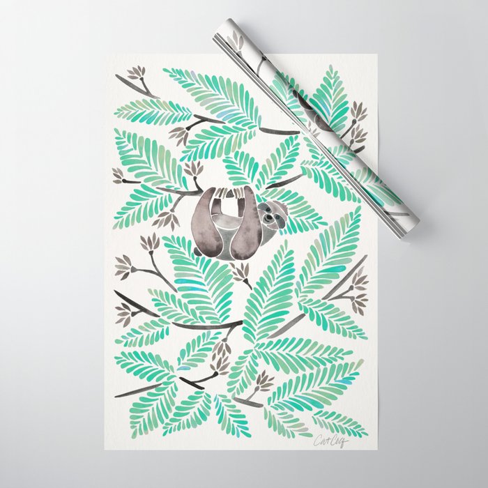 Happy Sloth - Tropical Mint Rainforest Wrapping Paper Gallery Image 1