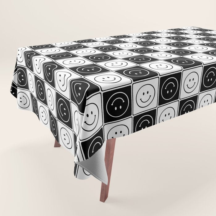 Checked Smiley Faces Pattern (Black & White) Tablecloth Gallery Image 1