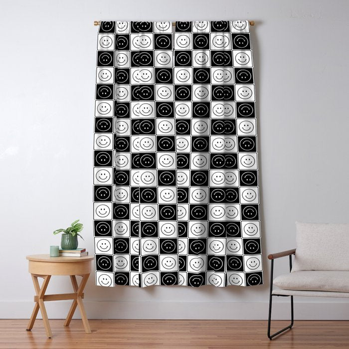 Checked Smiley Faces Pattern (Black & White) Window Curtain Gallery Image 1