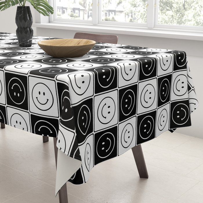 Checked Smiley Faces Pattern (Black & White) Tablecloth Gallery Image 3