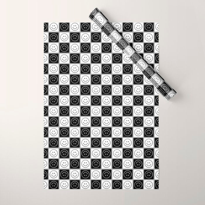 Checked Smiley Faces Pattern (Black & White) Wrapping Paper Gallery Image 1