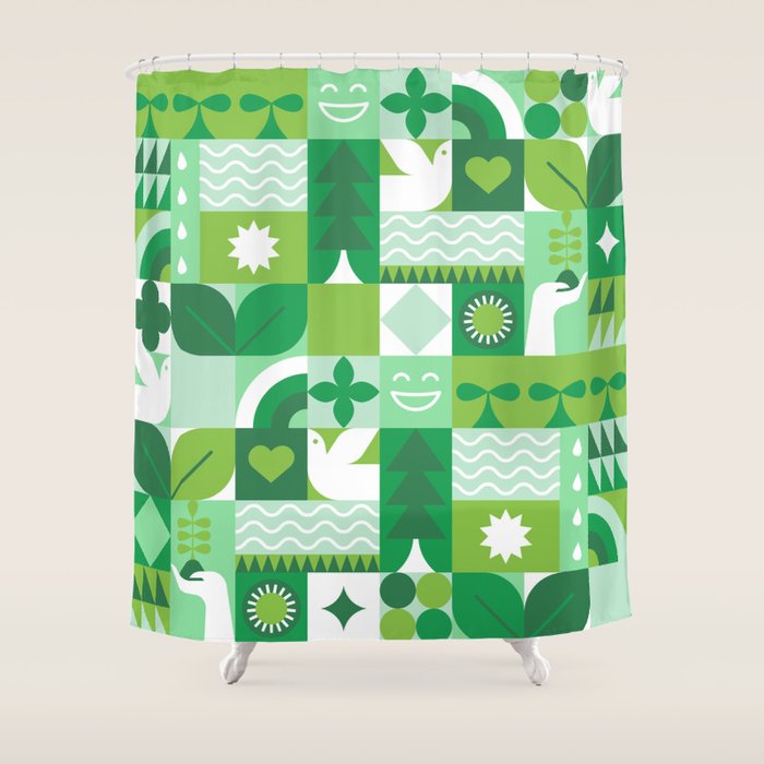 Green eco friendly geometric mosaic art pattern Shower Curtain Gallery Image 1