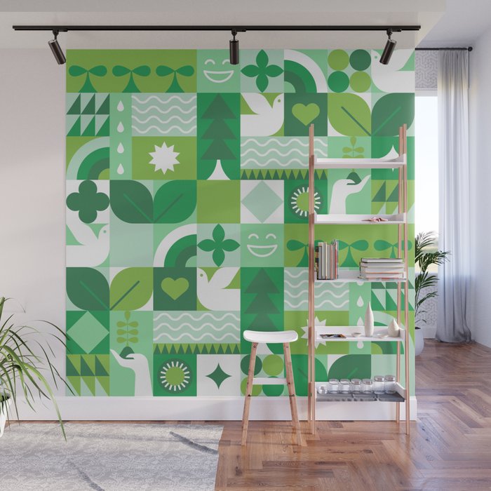 Green eco friendly geometric mosaic art pattern Wall Mural Gallery Image 1