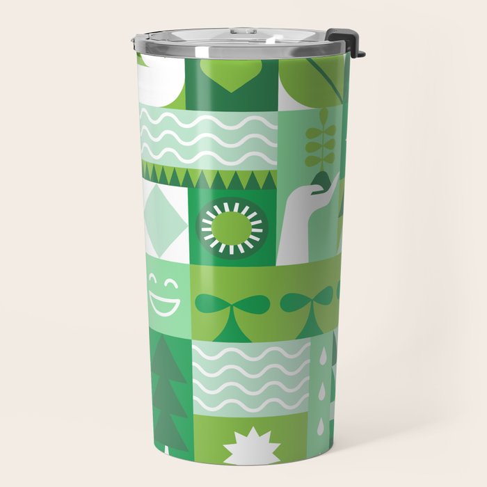 Green eco friendly geometric mosaic art pattern Travel Mug Gallery Image 2