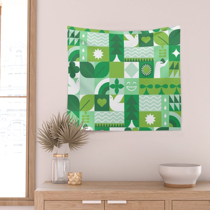 Green eco friendly geometric mosaic art pattern Wall Tapestry Gallery Image 2