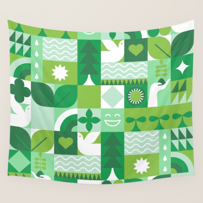 Green eco friendly geometric mosaic art pattern Wall Tapestry Gallery Image 4