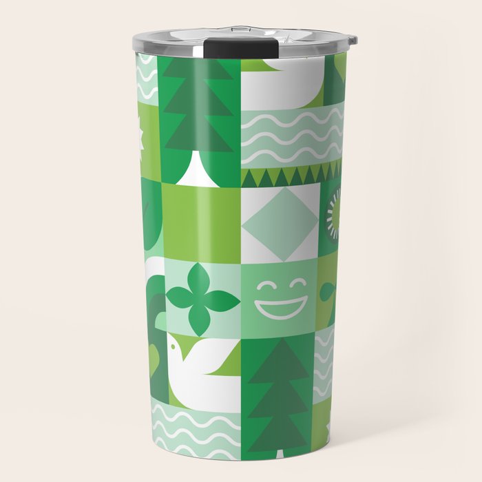 Green eco friendly geometric mosaic art pattern Travel Mug Gallery Image 1