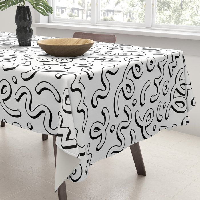 Fun black and white cartoon doodle pattern Tablecloth Gallery Image 3
