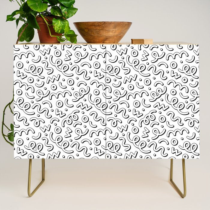 Fun black and white cartoon doodle pattern Credenza Gallery Image 1