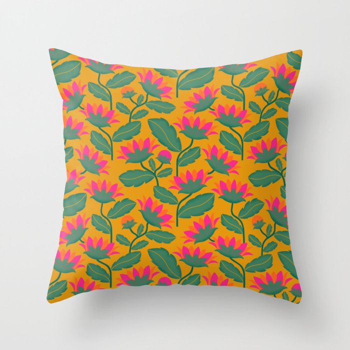 Art Nouveau Pink and Orange Tropical Flowers on Yellow Background Throw Pillow Gallery Image 6