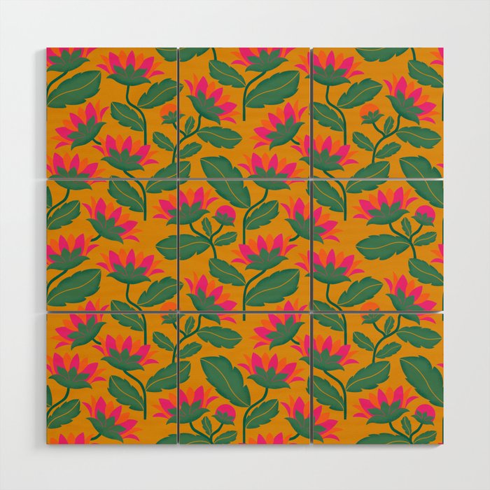 Art Nouveau Pink and Orange Tropical Flowers on Yellow Background Wood Wall Art Gallery Image 1