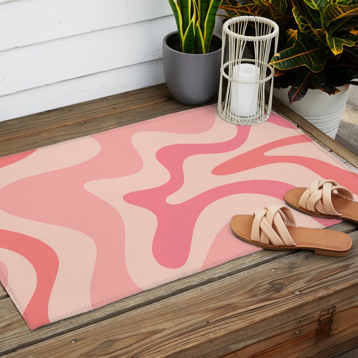 Retro Liquid Swirl Abstract Pattern Square In Blush Pink Tones Outdoor Rug Gallery Image 2