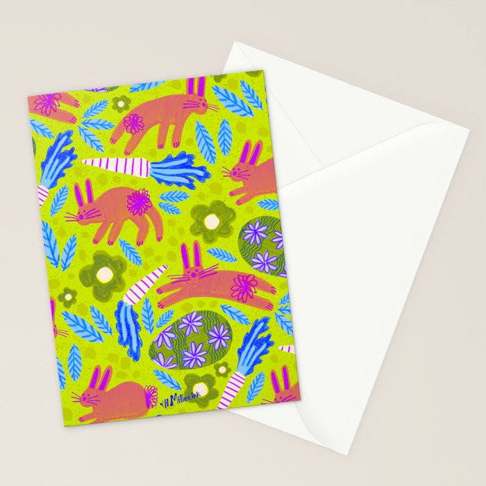 Happy Colorful Rabbits & Decorative Eggs in Chartreuse & Pink Stationery Card Gallery Image 2