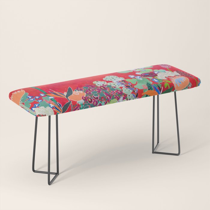 Floral Jungle on Red with Proteas, Eucalyptus and Birds of Paradise Bench Gallery Image 1