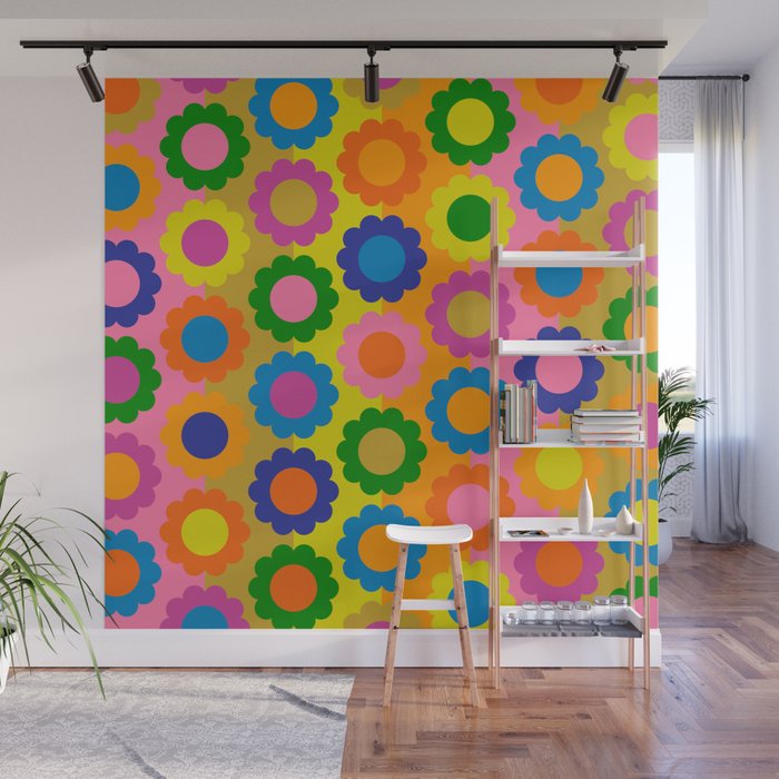 Happy Flowers Colorful Retro Maximalist Pattern Wall Mural Gallery Image 1