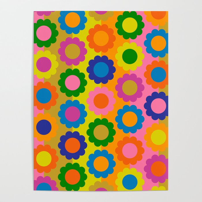 Happy Flowers Colorful Retro Maximalist Pattern Poster Gallery Image 1