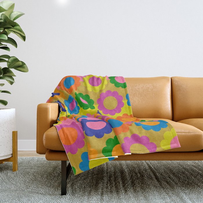 Happy Flowers Colorful Retro Maximalist Pattern Throw Blanket Gallery Image 1