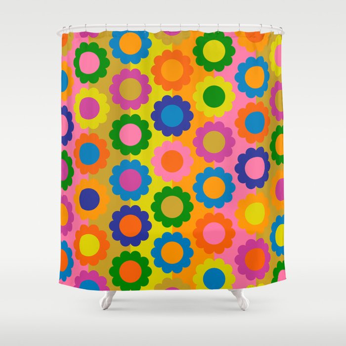 Happy Flowers Colorful Retro Maximalist Pattern Shower Curtain Gallery Image 1